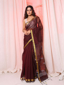Arhi - Brown Cotton Blend Handwoven Soft Saree with Sequin Work & Unstitched Blouse