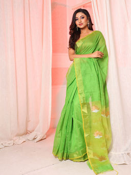 Arhi - Light Green Cotton Blend Handwoven Soft Saree with Sequin Work & Unstitched Blouse