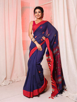 Arhi - Navy Blue Cotton Handwoven Saree with Paisley Motifs & Unstitched Blouse
