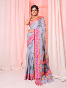 Arhi - Grey Cotton Handwoven Saree with Texture Pattern & Unstitched Blouse