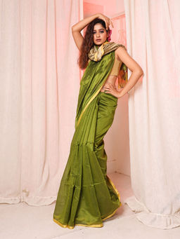 Arhi - Slimy Green Cotton Blend Handwoven Soft Saree with Contrast Beige Pallu & Unstitched Blouse