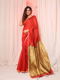 Arhi - Red Cotton Blend Handwoven Soft Saree with Contrast Beige Pallu & Unstitched Blouse