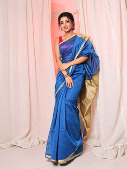 Arhi - Blue Cotton Blend Handwoven Soft Saree with Contrast Beige Pallu & Unstitched Blouse