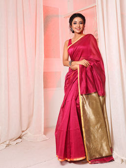 Arhi - Magenta Cotton Blend Handwoven Soft Saree with Contrast Beige Pallu & Unstitched Blouse