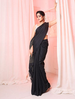 Arhi - Black Cotton Hand Spun Handwoven Soft Saree with Stripes Pallu & Unstitched Blouse
