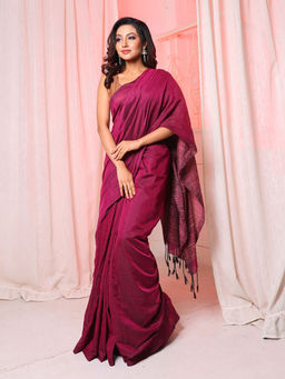 Arhi - Plum Purple Cotton Hand Spun Handwoven Soft Saree with Stripes Pallu & Unstitched Blouse