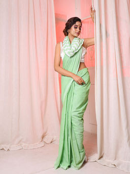 Arhi - Green Cotton Handwoven Soft Saree with Stripe Pallu & Unstitched Blouse