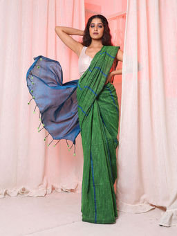 Arhi - Green And Sapphire Blue Cotton Handwoven Soft Saree with Stripe Pattern & Unstitched Blouse