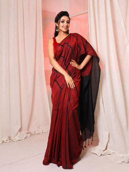 Arhi - Red And Black Cotton Handwoven Soft Saree with Stripe Pattern & Unstitched Blouse