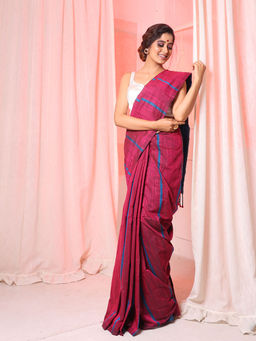 Arhi - Magenta & Sapphire Blue Cotton Handwoven Saree with Stripe Pattern & Unstitched Blouse