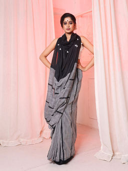 Arhi - Grey And Black Cotton Handwoven Soft Saree with Stripe Pattern & Unstitched Blouse