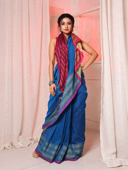 Arhi - Sapphire Blue Cotton Blend Handwoven Soft Saree with Stripe Pallu & Unstitched Blouse