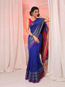 Arhi - Royal Navy Blue Cotton Blend Handwoven Soft Saree with Stripe Pallu & Unstitched Blouse