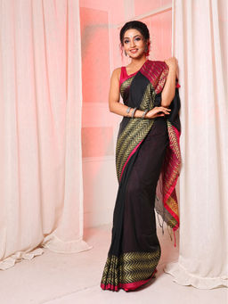 Arhi - Black Cotton Blend Handwoven Soft Saree with Stripe Pallu & Unstitched Blouse