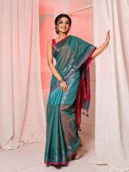 Arhi - Turquoise Blue Tissue Cotton Handwoven Saree with Zari Woven Borders & Unstitched Blouse