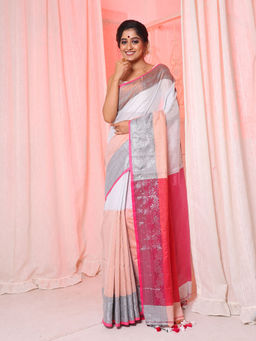 Arhi - White And Beige Tissue Cotton Handwoven Saree with Zari Woven Borders & Unstitched Blouse