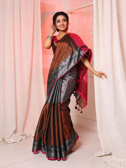 Arhi - Copper And Black Tissue Cotton Handwoven Saree with Zari Woven Borders & Unstitched Blouse