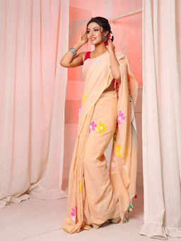 Arhi - Beige Cotton Handwoven Soft Saree with Figure Print & Unstitched Blouse