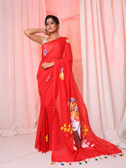 Arhi - Red Cotton Handwoven Soft Saree with Figure Print & Unstitched Blouse