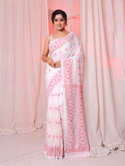 Arhi - White Cotton Handwoven Soft Saree with Texture Pattern & Unstitched Blouse