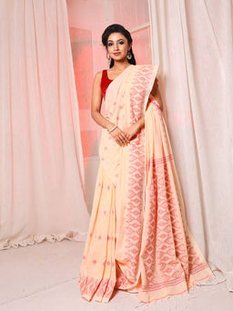 Arhi - Beige Cotton Handwoven Soft Saree with Texture Pattern & Unstitched Blouse