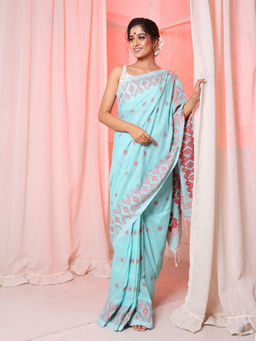 Arhi - Sky Blue Cotton Handwoven Soft Saree with Texture Pattern & Unstitched Blouse