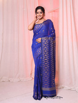 Arhi - Navy Blue Cotton Handwoven Soft Saree with Texture Pattern & Unstitched Blouse