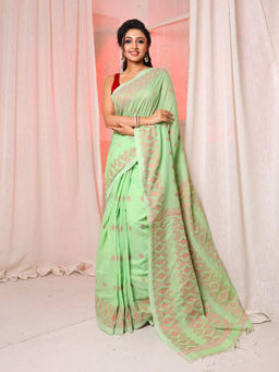 Arhi - Tea Green Cotton Handwoven Soft Saree with Texture Pattern & Unstitched Blouse