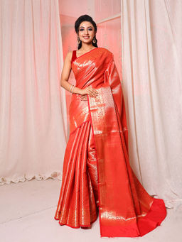 Arhi - Red Handwoven Brocade Silk Saree with Zari Woven Designs & Unstitched Blouse