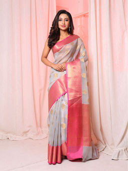 Arhi - Grey Organza Handwoven Saree with Floral Motifs & Unstitched Blouse