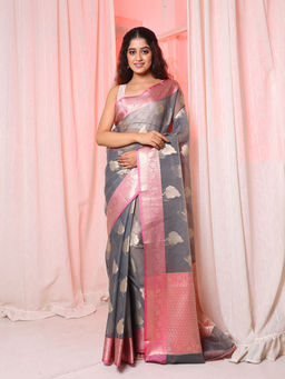 Arhi - Charcoal Organza Handwoven Saree with Leaf Motifs & Unstitched Blouse