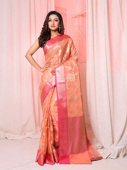 Arhi - Peach Organza Handwoven Saree with Floral Design & Unstitched Blouse