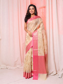 Arhi - Off White Organza Handwoven Saree with Floral Design & Unstitched Blouse