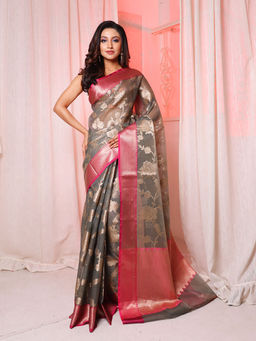 Arhi - Black Organza Handwoven Saree with Floral Design & Unstitched Blouse