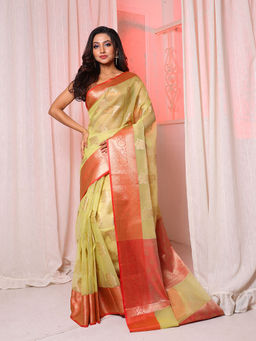 Arhi - Tea Green Organza Handwoven Saree with Floral Motifs & Unstitched Blouse
