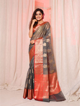 Arhi - Dark Grey Organza Handwoven Saree with Floral Motifs & Unstitched Blouse