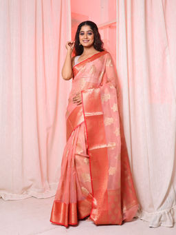 Arhi - Baby Pink Organza Handwoven Saree with Floral Motifs & Unstitched Blouse