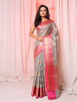 Arhi - Light Grey Organza Handwoven Saree with Floral Design & Unstitched Blouse
