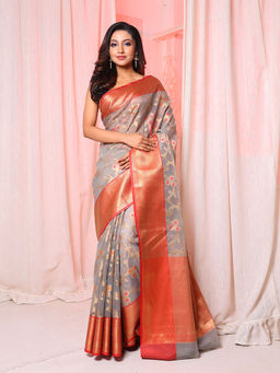 Arhi - Grey Organza Handwoven Saree with Floral Design & Unstitched Blouse