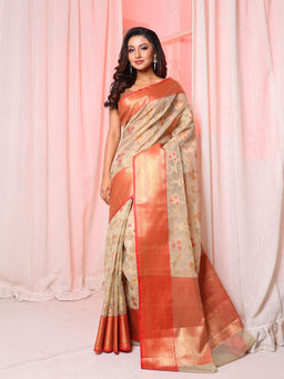 Arhi - Beige Organza Handwoven Saree with Floral Design & Unstitched Blouse