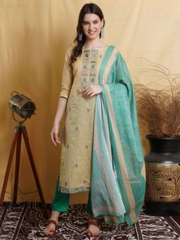 Stylee LIFESTYLE - Gold Cotton Jacquard Embroidered Dress Material (Set of 3)