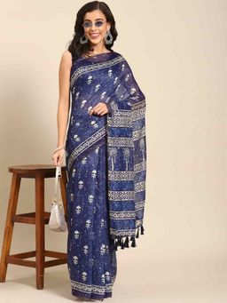 Silk Land - Womens Pure Cotton Navy Blue Block Print Saree with Unstitched Blouse