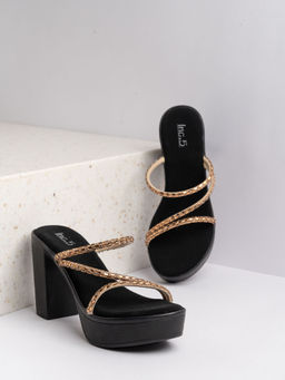 Inc.5 - Womens Golden Party Wear Striped Round Toe Sandal Heels