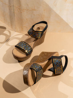 Inc.5 - Womens Black Party Wear Printed Round Toe Wedges Heels