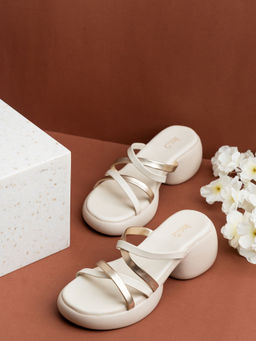 Inc.5 - Womens White Party Wear Striped Round Toe Block Sandal Heels