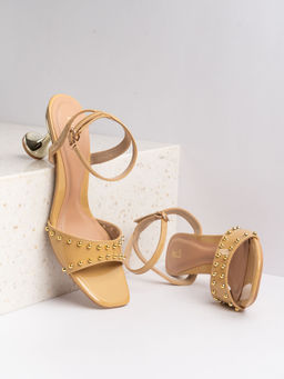 Inc.5 - Womens Beige Party Wear Embellished Square Toe Spool Sandal Heels