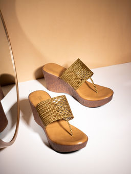 Inc.5 - Womens Gold Party Wear Embellished Round Toe Wedges Heels