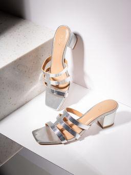 Inc.5 - Womens Silver Party Wear Striped Square Toe Block Sandal Heels