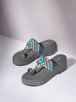 Inc.5 - Womens Grey Party Wear Embellished One Toe Wedges Heels