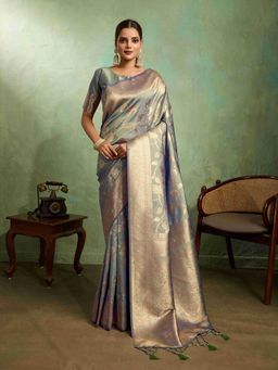 Sethnic Lifestyle - Banarasi Soft Silk Minakari Woven Grey Saree with Unstitched